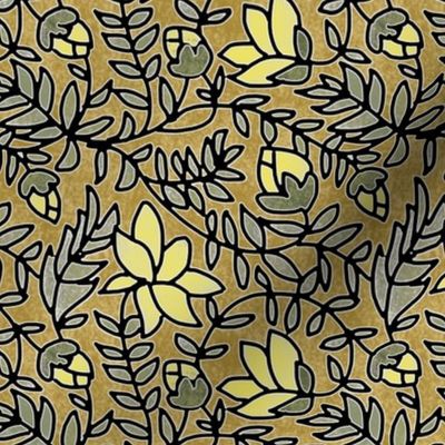 Block Print Yellow Blooms Sage Green Leaves on Old Gold