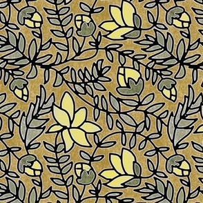 Block Print Yellow Blooms Sage Green Leaves on Old Gold