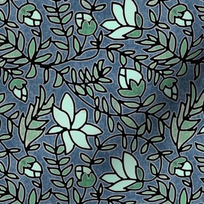 Block Print Mint Green Blooms Sage Green Leaves on Gray Blue