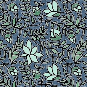 Block Print Mint Green Blooms Sage Green Leaves on Gray Blue