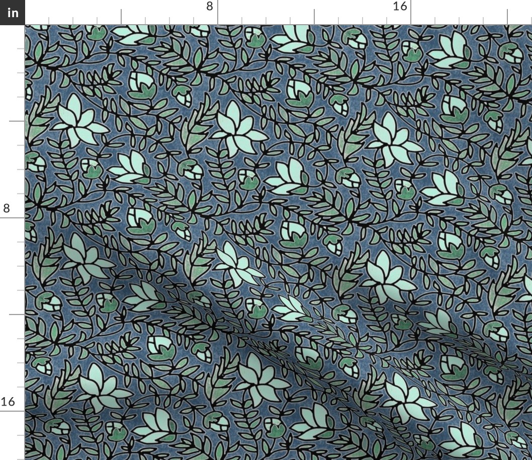 Block Print Mint Green Blooms Sage Green Leaves on Gray Blue