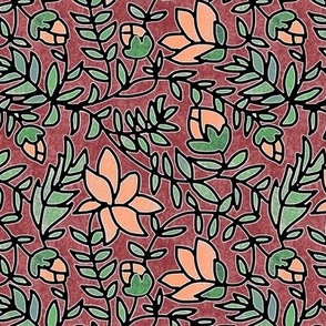 Block Print Peach Blooms Green Leaves on Burgundy Red