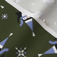 Penguins, snowflakes in periwinkle and olive green 100