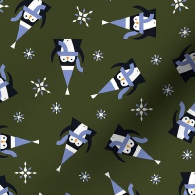 Penguins, snowflakes in periwinkle and olive green 100