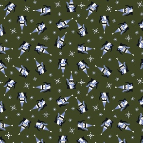 Penguins, snowflakes in periwinkle and olive green 100