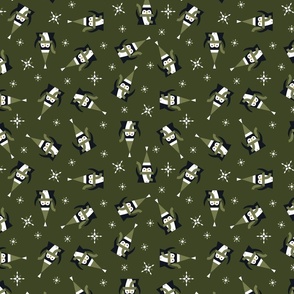 Penguins, snowflakes in olive greens and black 100