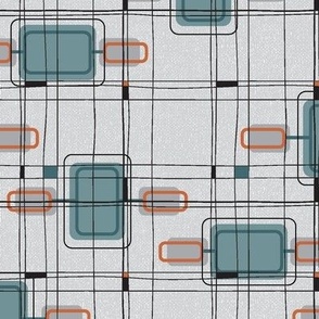 Mid Century Modern Squares, teal, orange and grey- medium