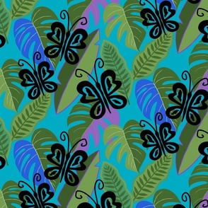 Charming Butterflies and Tropical Plants in Bright Colors on Teal (Medium)