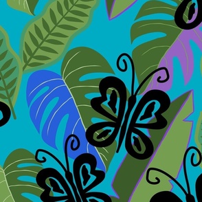 Charming Butterflies and Tropical Plants in Bright Colors on Teal (Large)