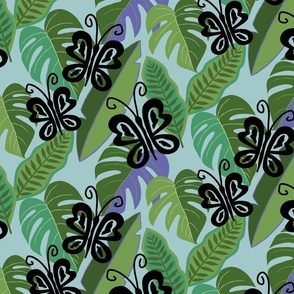 Charming Butterflies and Tropical Plants in Very Peri and Bright Colors on Light Blue (Medium)