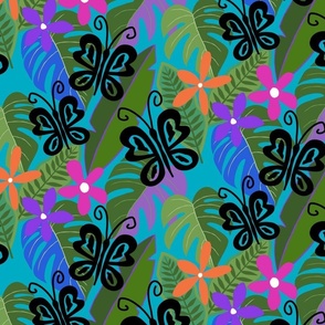 Charming Butterflies, Flowers, and Tropical Plants in Bright Colors on Teal (Medium)