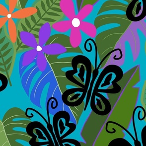 Charming Butterflies, Flowers, and Tropical Plants in Bright Colors on Teal (Large)