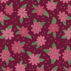 537 - Rose Pink floral on Burgundy background with sweet polka dots - large scale for home furnishings, kids apparel, crafts and easter costumes