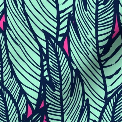 Jungle Palms - Midnight Blue, Mint on Hot Pink - 32” Repeat