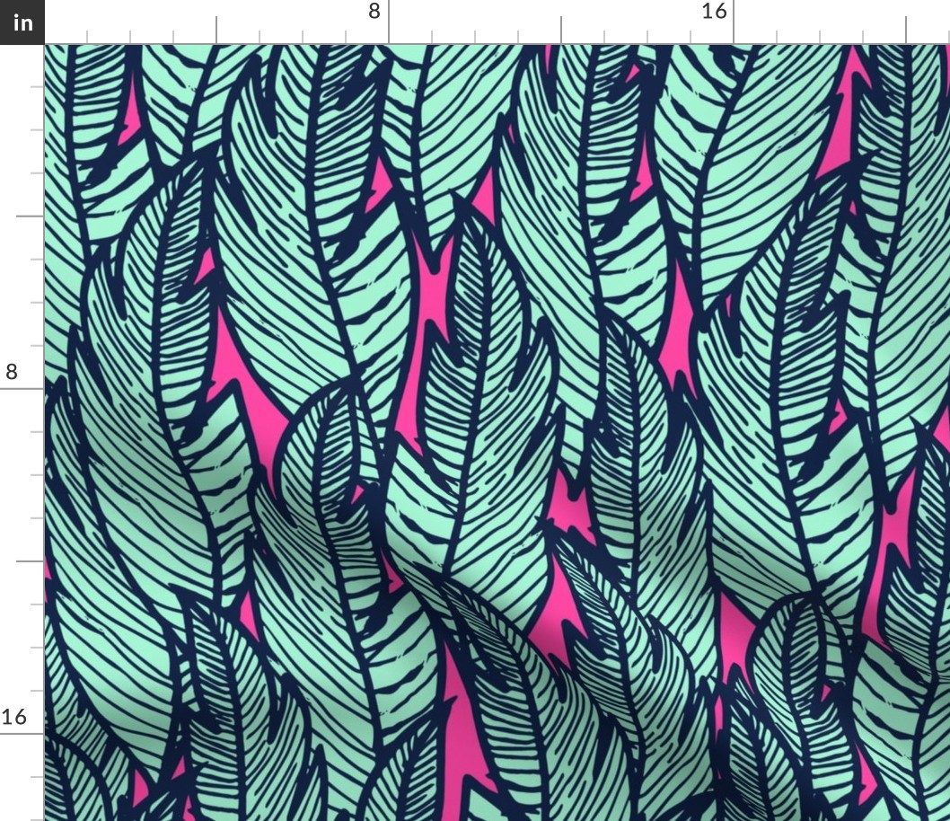 Jungle Palms - Midnight Blue, Mint on Hot Pink - 32” Repeat