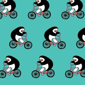 Penguins on bikes - turquoise large scale by Cecca Designs