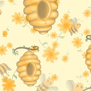 Bees and beehive - pale yellow background 