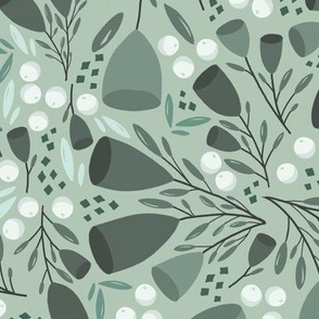 Folk Berries Floral - Light Green Monochrome