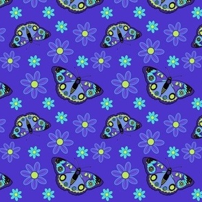 Butterflies and flowers on indigo 