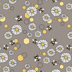 Buzzing bees and bee hive garden daisy flowers spring summer kids nursery design yellow white on moody brown gray 