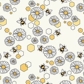 Buzzing bees and bee hive garden daisy flowers spring summer kids nursery design yellow white on cream vanilla 