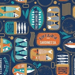 Small scale // Vintage canned sardines // navy blue background peacock teal and gold drop orange cans 