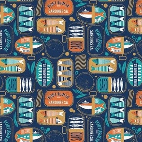 Tiny scale // Vintage canned sardines // navy blue background peacock teal and gold drop orange cans 