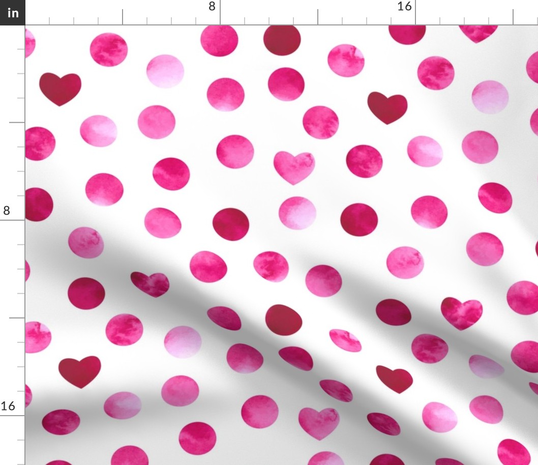 Valentines Day - Valentines Day Fabric - Heart - Hearts - Pink Light Pink Dark Pink - Doodle Handdrawn on White Background, Polka Dots - Watercolor