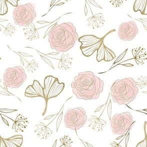 Pink roses gold cut leaves On white 