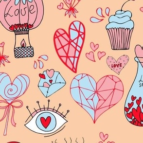 Valentines Day - Valentines Day Fabric - Heart - Hearts - Pink Light Pink Dark Pink - Doodle Handdrawn on White Background, Polka Dots
