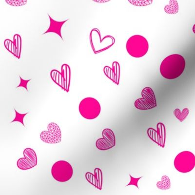 Valentines Day - Valentines Day Fabric - Heart - Hearts - Pink Light Pink Dark Pink - Doodle Handdrawn on White Background, Polka Dots