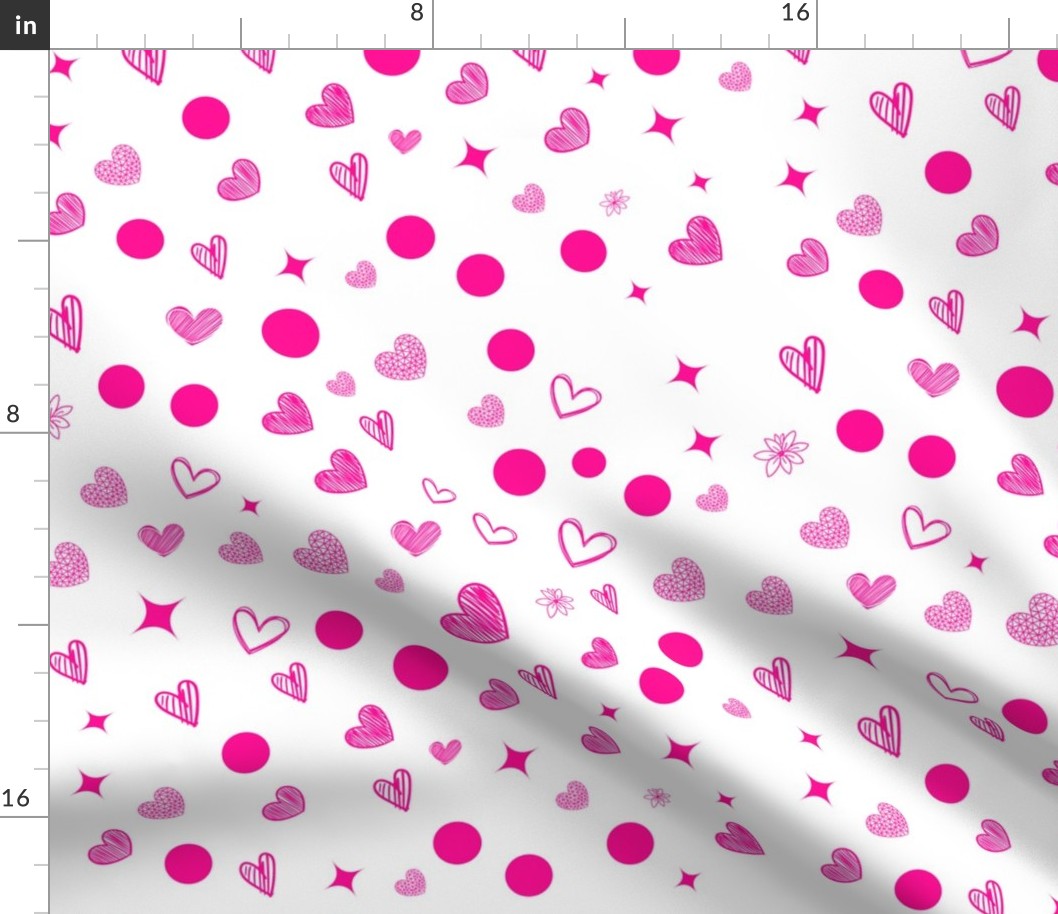 Valentines Day - Valentines Day Fabric - Heart - Hearts - Pink Light Pink Dark Pink - Doodle Handdrawn on White Background, Polka Dots