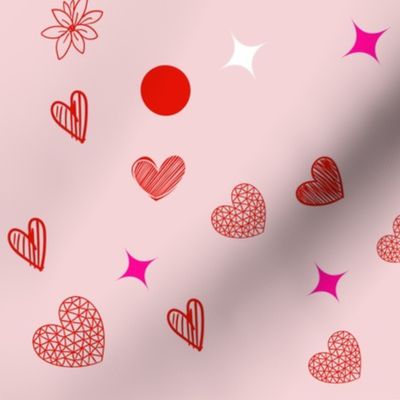 Valentines Day - Valentines Day Fabric - Heart - Hearts - Pink Light Pink Dark Pink - Doodle Handdrawn on Light Pink Background