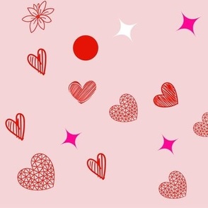Valentines Day - Valentines Day Fabric - Heart - Hearts - Pink Light Pink Dark Pink - Doodle Handdrawn on Light Pink Background