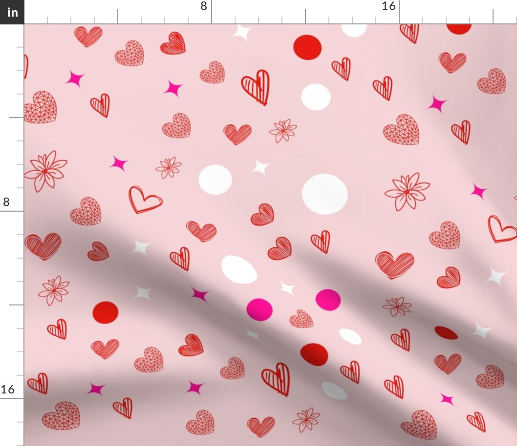 Valentines Day - Valentines Day Fabric - Heart - Hearts - Pink Light Pink Dark Pink - Doodle Handdrawn on Light Pink Background