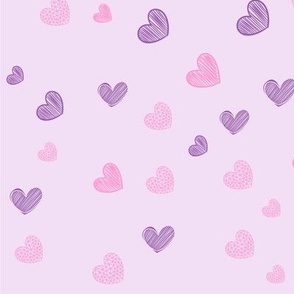 Valentines Day - Valentines Day Fabric - Heart - Hearts - Pink Purple Light Pink Dark Pink - Doodle Handdrawn on Light Pink Background