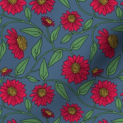 Block Print Coneflowers in Pink on Gray Blue