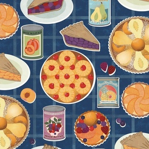 Baking with canned fruit - pineapple  cake, tarts, pies, flans, berries, peaches, pears - on teal - large