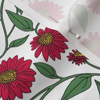 Block Print Coneflowers in Pink on White