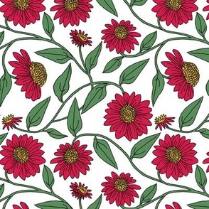 Block Print Coneflowers in Pink on White