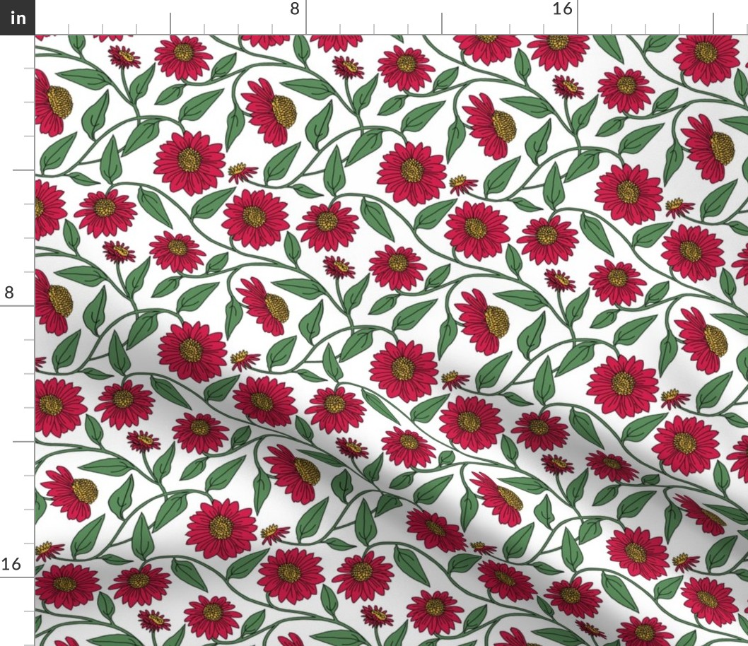 Block Print Coneflowers in Pink on White