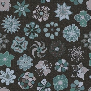 Teal and Gray Abstract Folk Flowers