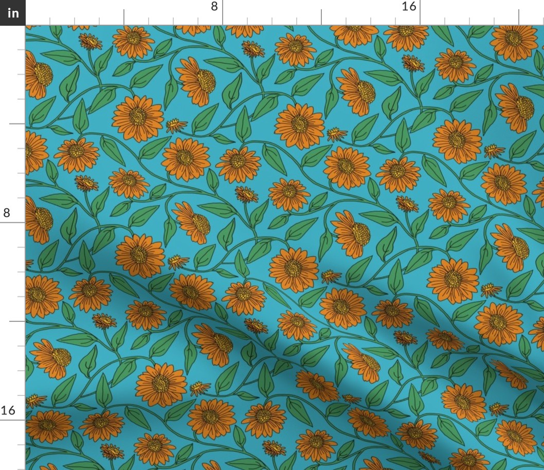 Block Print Coneflowers in Orange on Turquoise