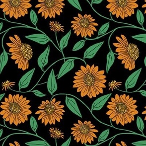 Block Print Coneflowers in Orange on Black