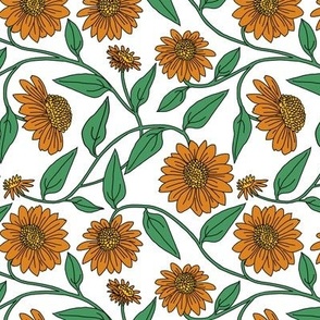 Block Print Coneflowers in Orange on White