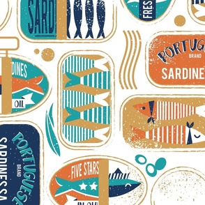 Large jumbo scale // Vintage canned sardines // white background peacock teal and gold drop orange cans 