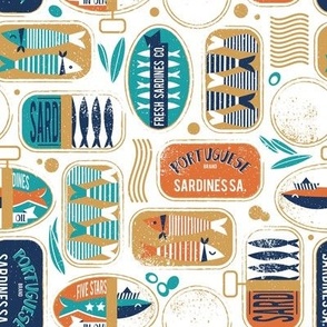 Small scale // Vintage canned sardines // white background peacock teal and gold drop orange cans 