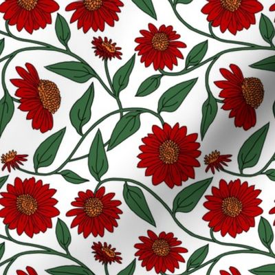 Block Print Coneflowers in Red on White
