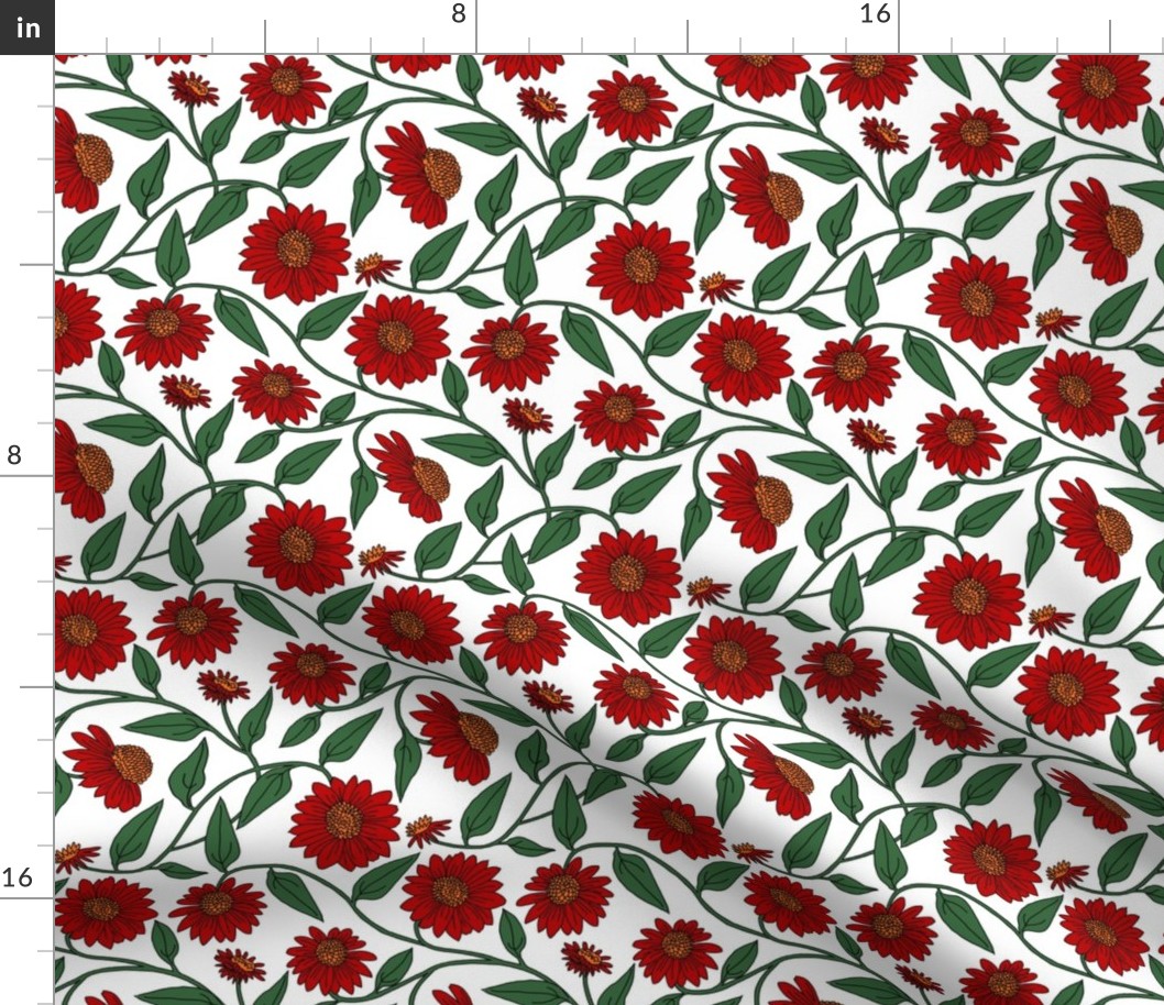 Block Print Coneflowers in Red on White