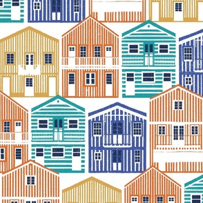 Large jumbo scale // Colourful Portuguese houses // white background rob roy yellow gold drop orange electric blue and peacock teal Costa Nova inspired houses
